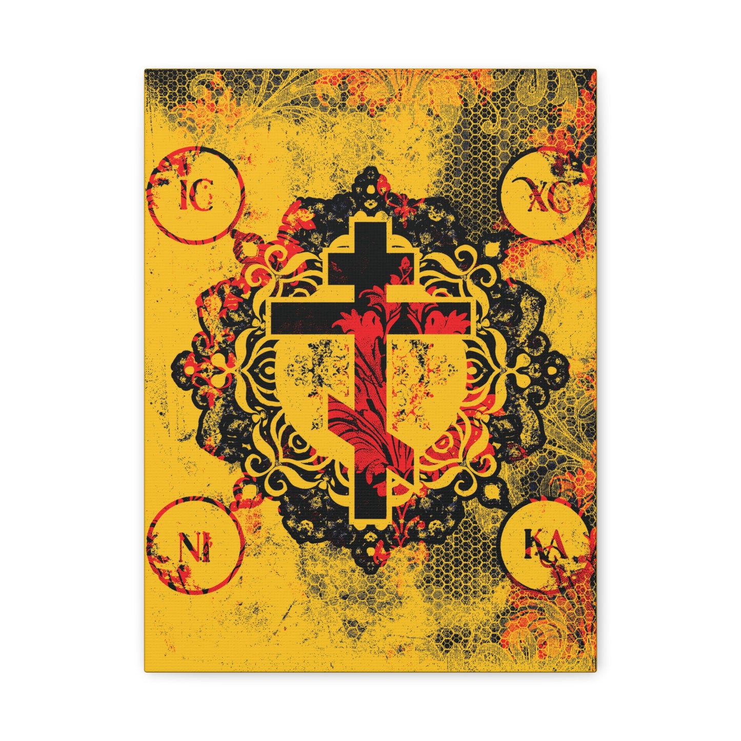 IC XC NIKA Orthodox Cross | Yellow & Red Modern & Medieval Textured Floral Design | Orthodox Christian Canvas Art