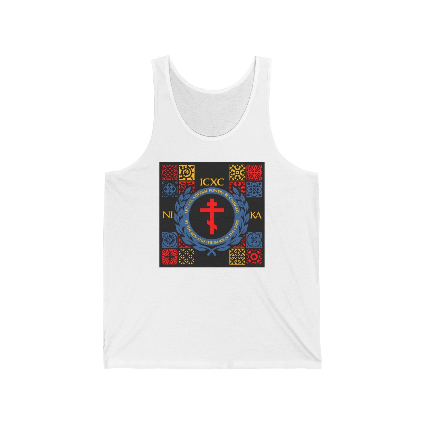 Let All Adverse Powers Be Crushed (Red, Yellow & Blue Design) | ICXC NIKA | Medieval Tile Design | Orthodox Christian Jersey Tank Top