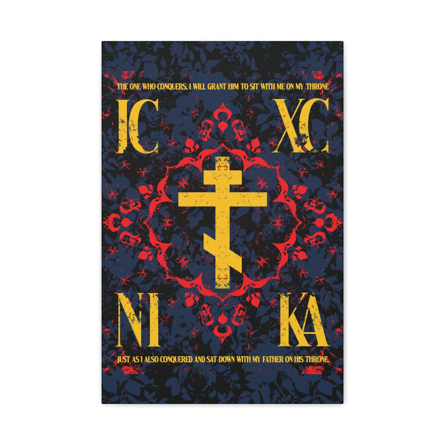 IC XC NIKA Orthodox Cross | Medieval Floral Design | The One Who Conquers (Revelation 3:21) | Orthodox Christian Canvas Art