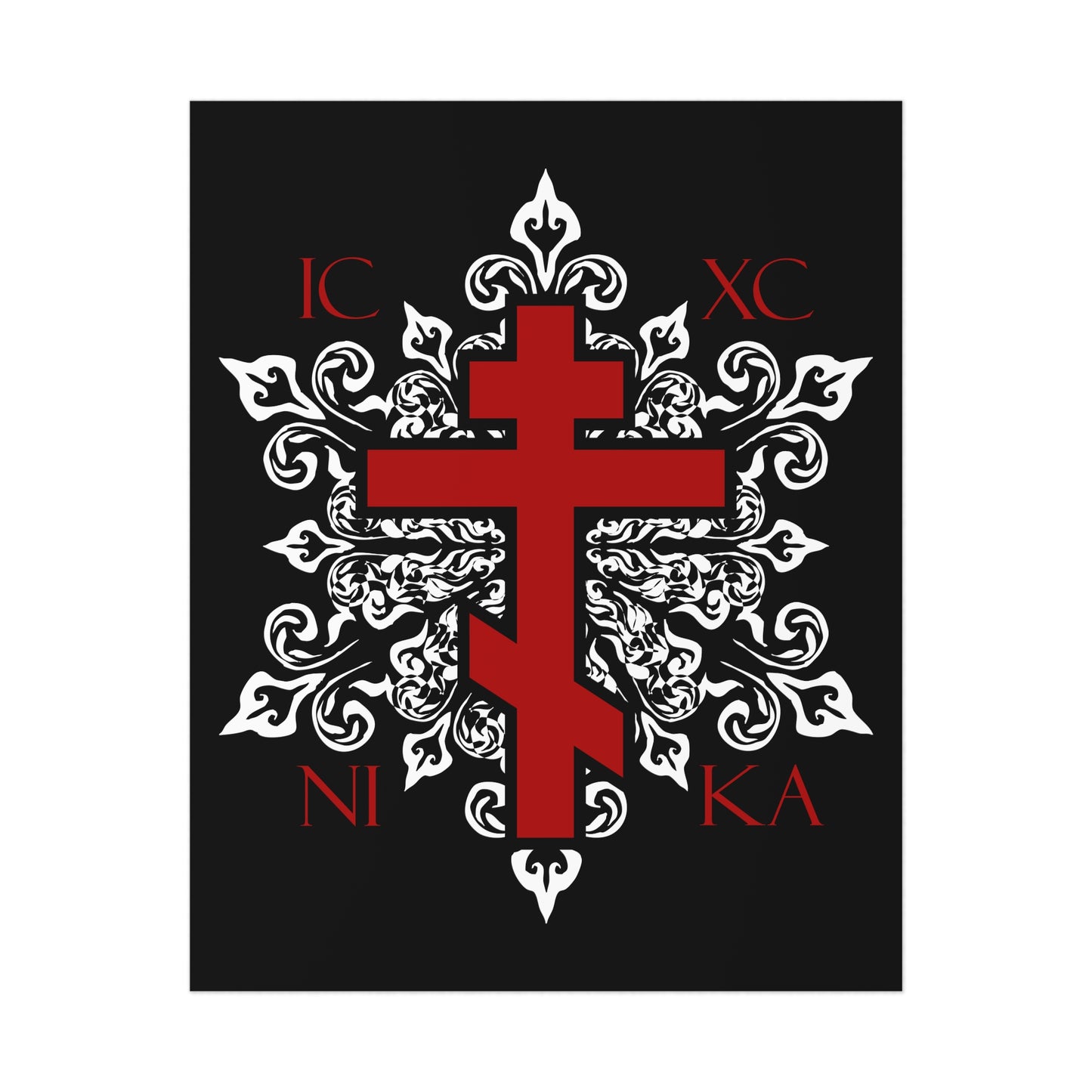ICXC / NIKA Red Orthodox Cross on Ornate White Medieval Floral Design | Exclusive Best-Selling | Orthodox Christian Art Poster