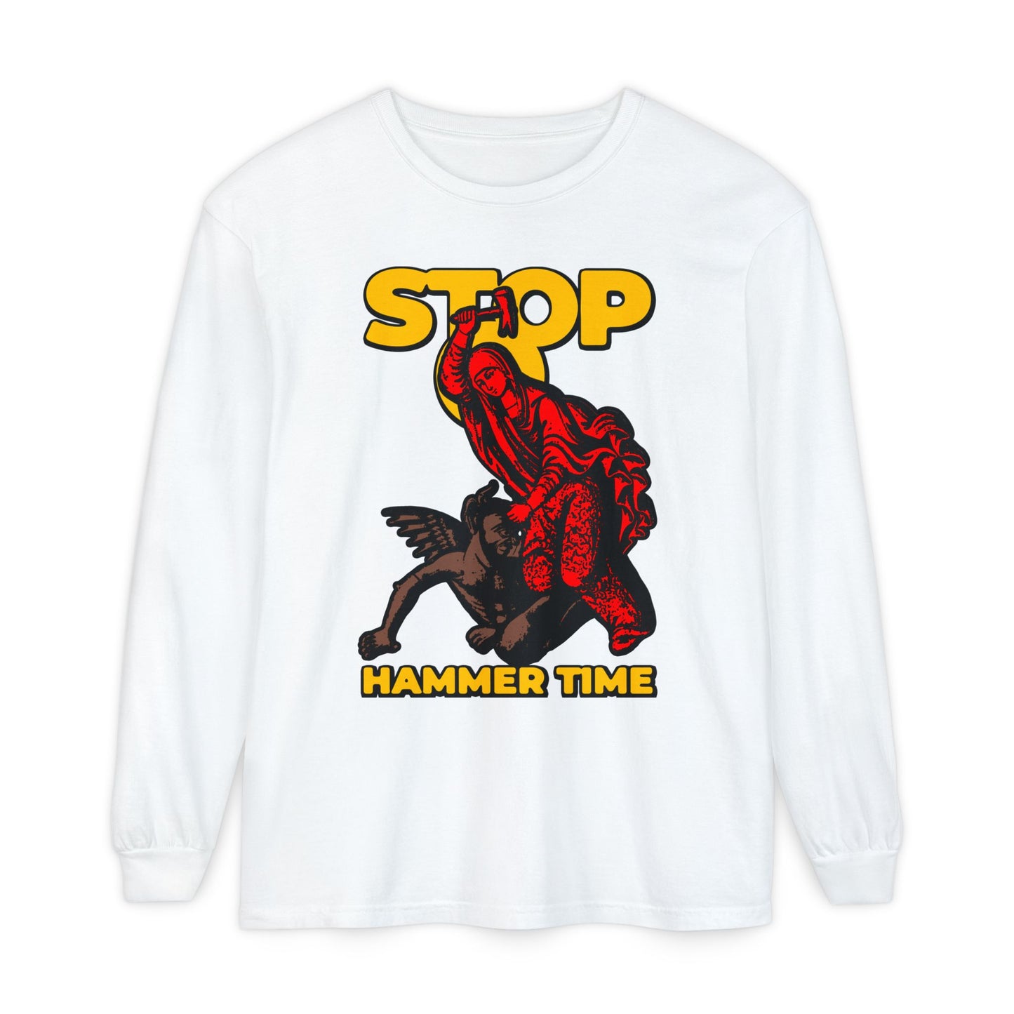 White long-sleeve shirt: "St Marina of Antioch Beating the Devil with a Hammer | Stop, Hammer Time" – features a red, blue, and yellow design inspired by the saint's life. Modern Orthodox meme. Christian-themed.