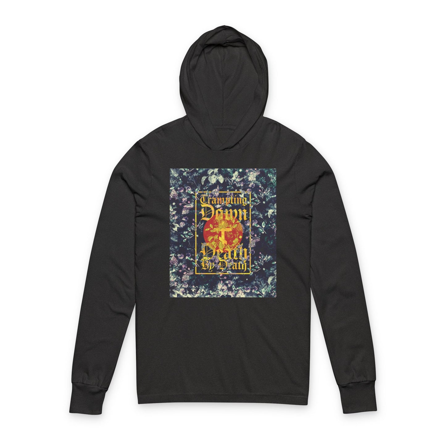 Trampling Down Death By Death | Paschal Floral Design with Gothic Script and Three-Bar Cross | Orthodox Long Sleeve Hooded Shirt