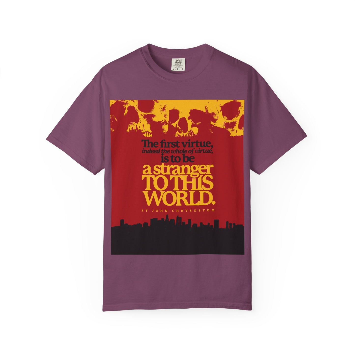 Berry t-shirt with yellow skulls & cityscape art, featuring the quote “All of virtue is to be a stranger to this world” (St John Chrysostom). Orthodox Christian heavyweight cotton unisex tee.