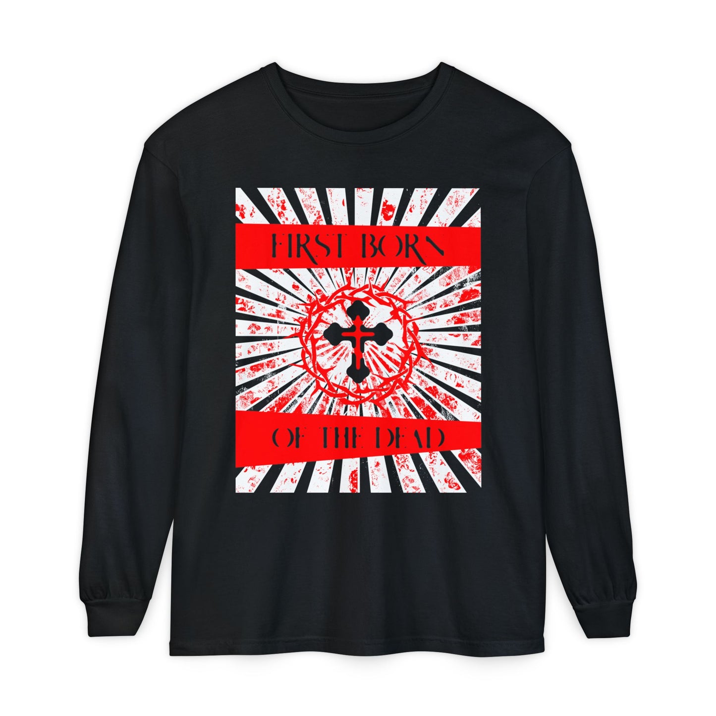 First Born of the Dead | Orthodox Cross and Crown of Thorns | Red White and Black Textured Design with Rays | Orthodox Christian Long Sleeve Shirt