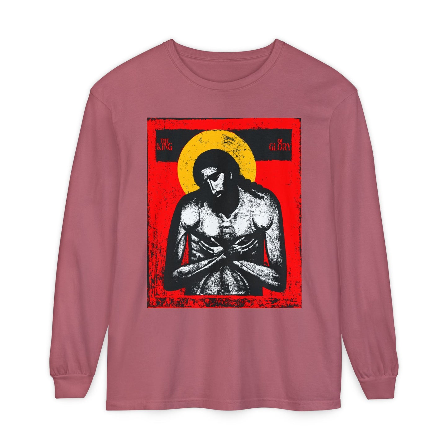 Crimson long-sleeve "Extreme Humility" shirt featuring a red, yellow, white, and black Christian devotional image inspired by The King of Glory Jesus Christ.