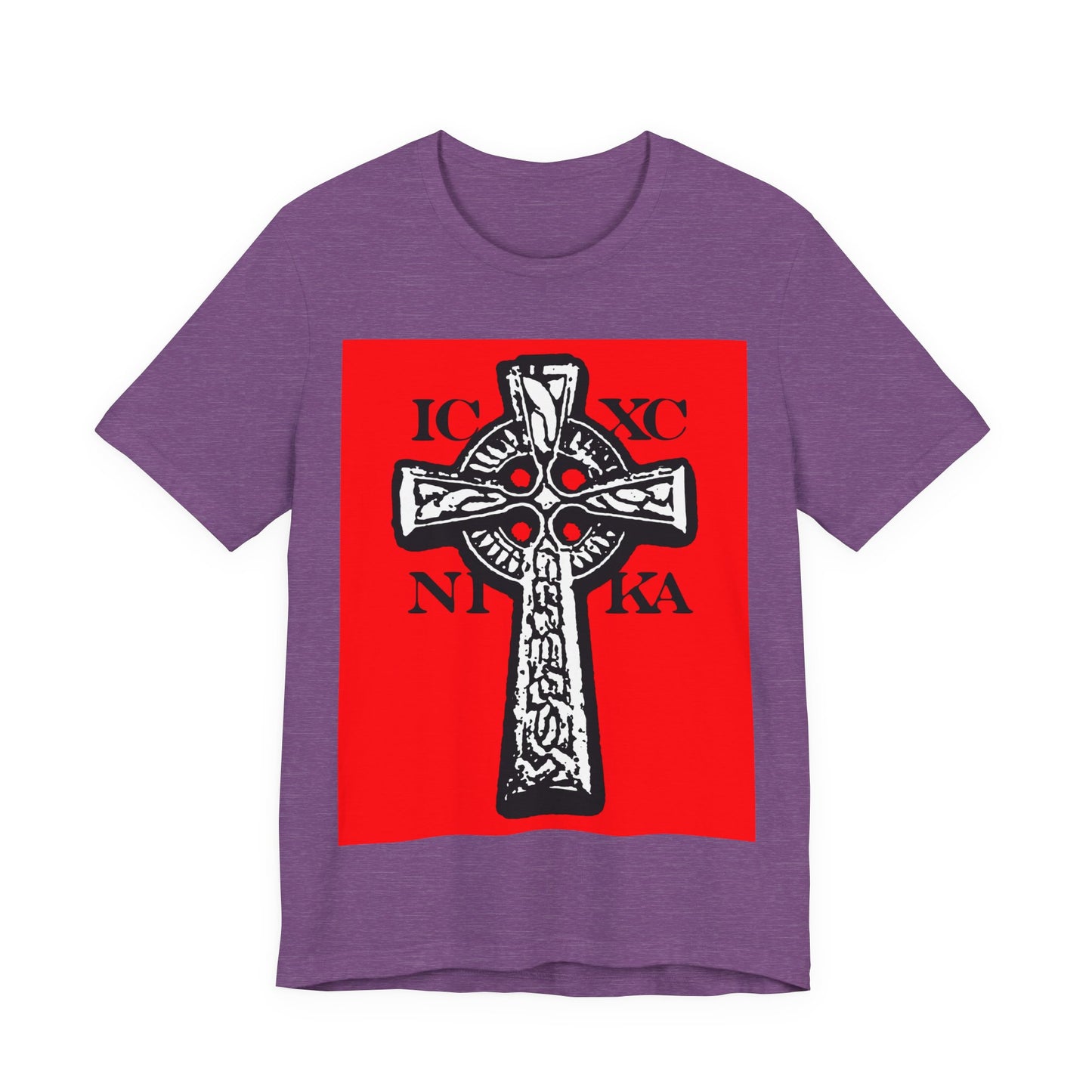 Heather Team Purple T-shirt featuring the ICXC NIKA Celtic Knotwork Cross in black and white on a bold red background, symbolizing "Jesus Christ Conquers" in Orthodox Christian tradition.