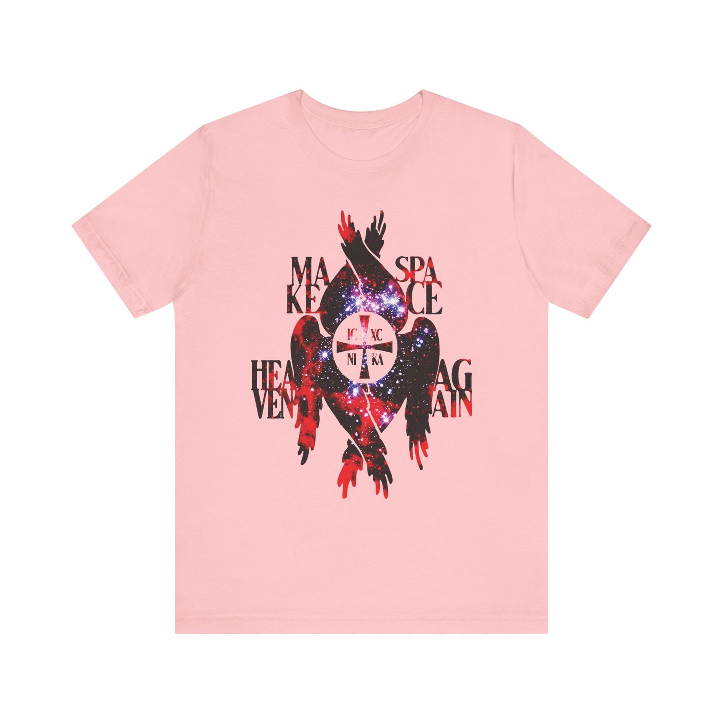 A pink lightweight cotton t-shirt featuring black and red abstract cosmic art, Seraphim wings, the Orthodox ICXC NIKA cross texture, and bold “MAKE SPACE HEAVEN AGAIN” text.