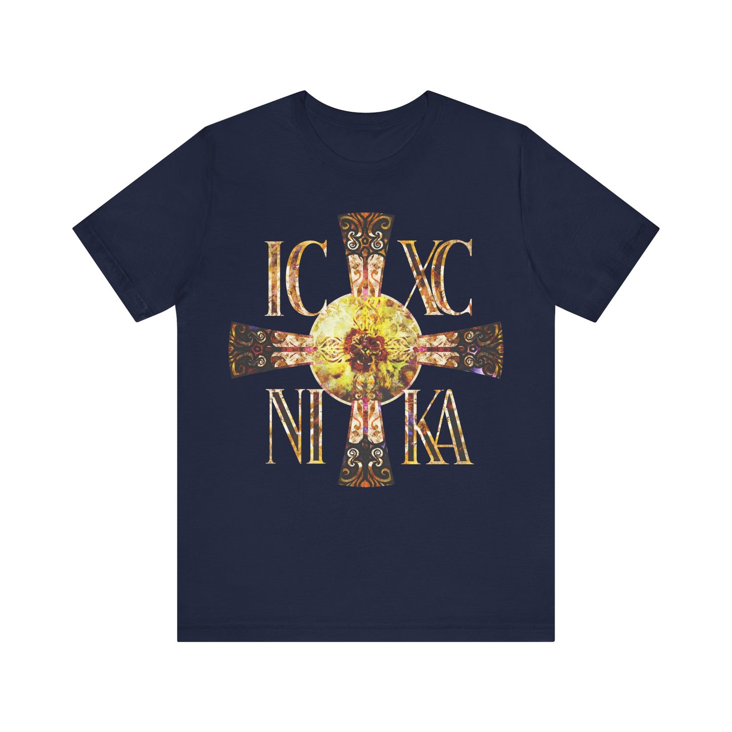 ICXC NIKA Celtic Style Equal Armed Cross | Bright Solar Texture | Orthodox Christian T-Shirt
