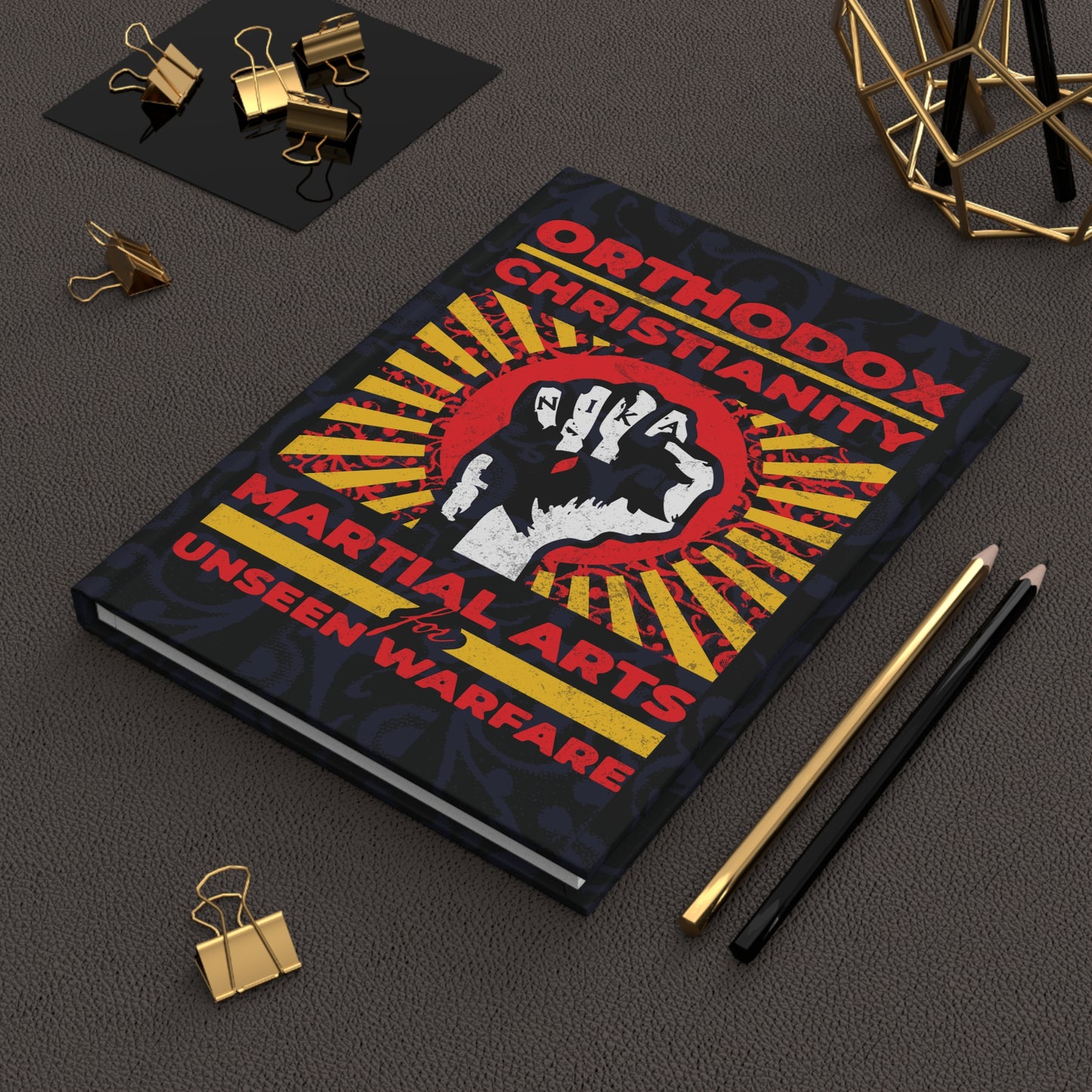 Orthodox Christianity: Martial Arts for Unseen Warfare | NIKA Jesus Fist on Colorful Sunburst Design | Orthodox Christian Hardcover Journal