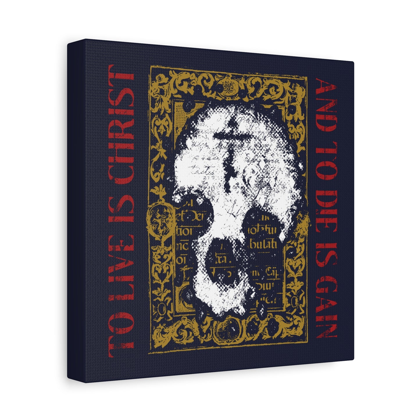 To Live is Christ, to Die is Gain (Philippians 1:21) | Skull with Cross on Gold Manuscript Texture | Orthodox Christian Canvas Art