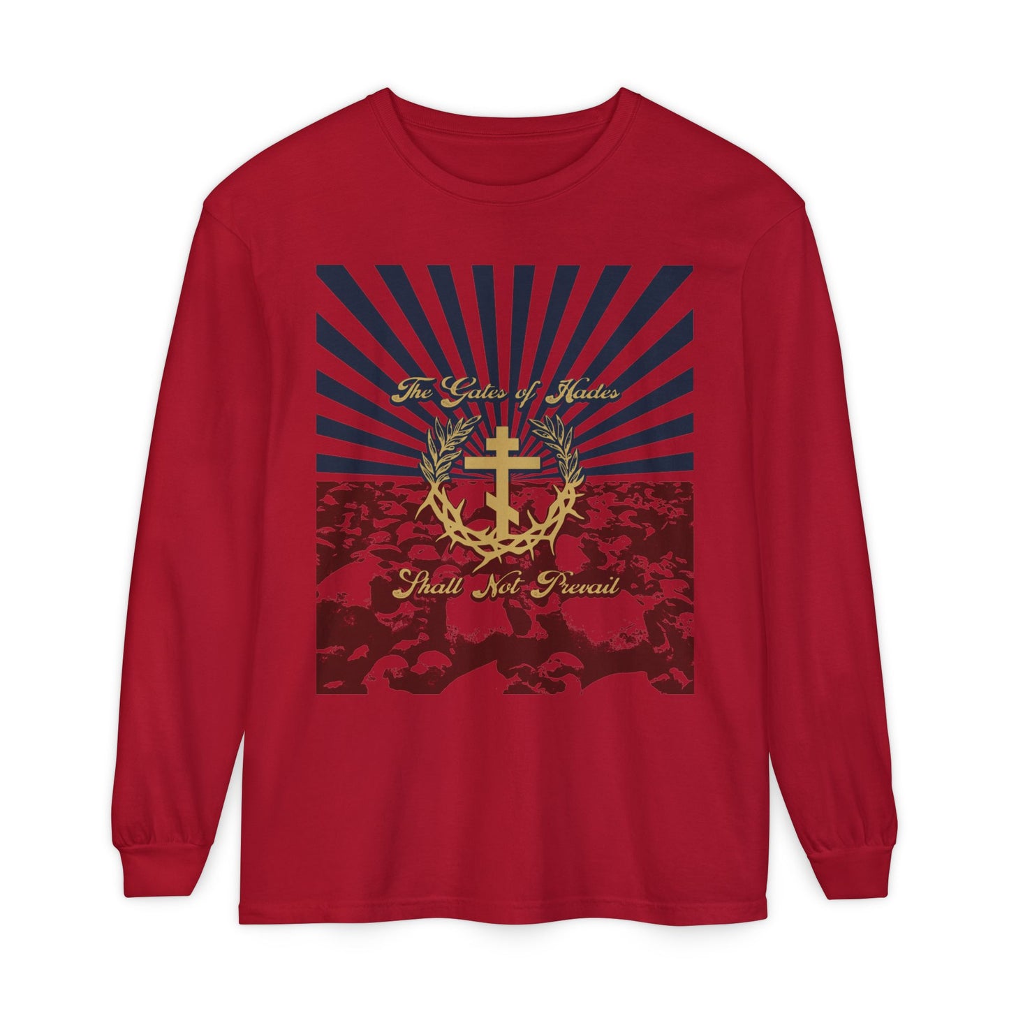 The Gates of Hades Shall Not Prevail | Cross with Wreath & Crown of Thorns | Skulls and Rays | Orthodox Christian Long Sleeve Shirt