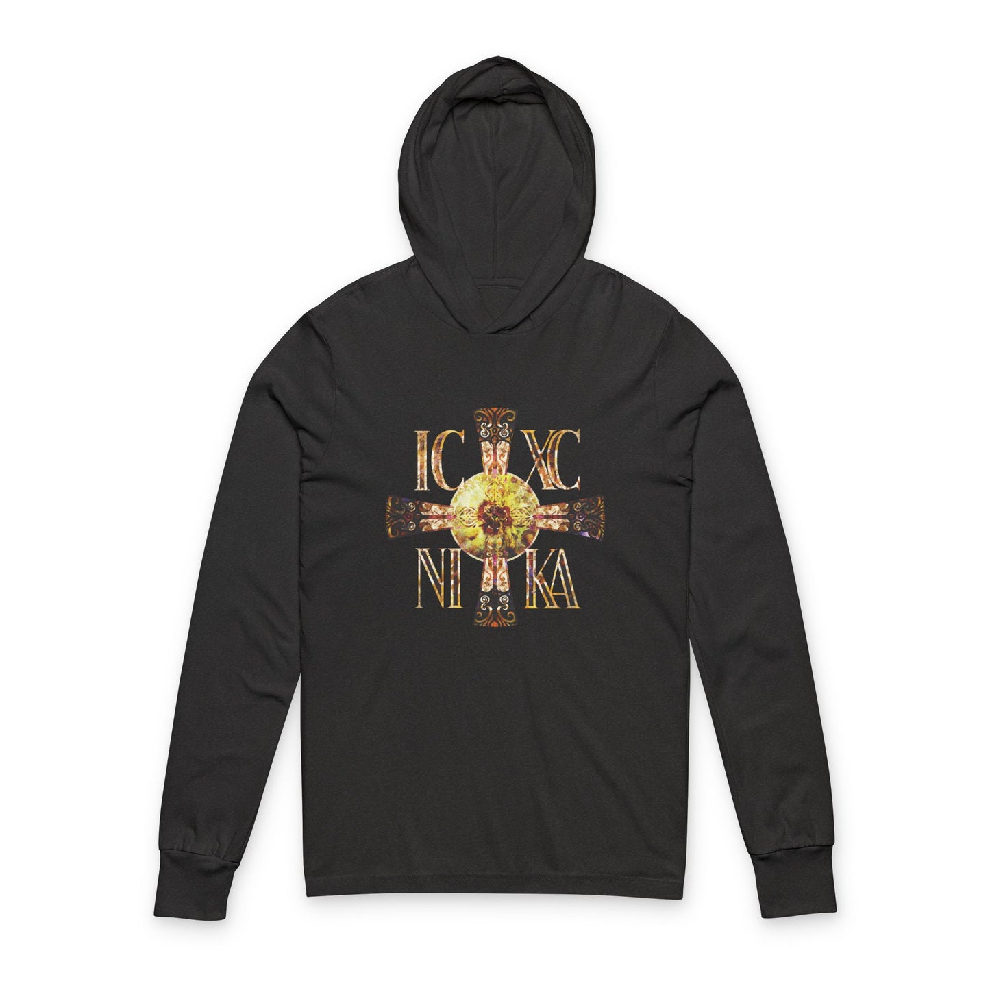 ICXC NIKA Celtic Style Equal Armed Cross | Bright Solar Texture | Orthodox Long Sleeve Hooded Shirt