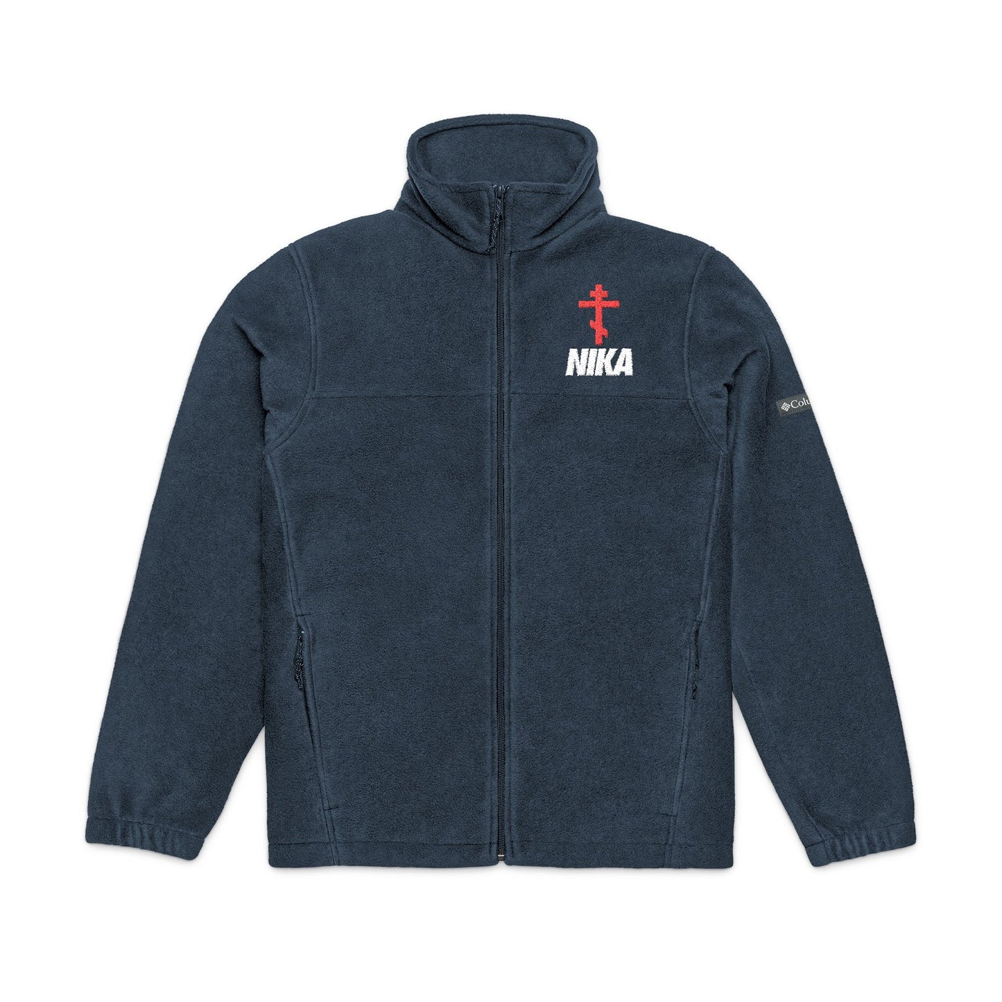 The Remembrance of Death NIKA Red Orthodox Cross Fleece is a dark blue Columbia jacket with a high collar, front zipper, zippered pockets, and features a red double-barred cross above "NIKA" referencing Revelation 3:21 plus a small white logo on the sleeve.