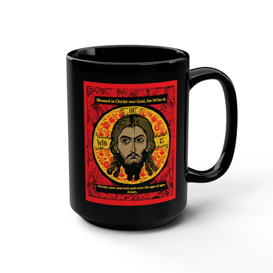 The Remembrance of Death "Made Without Hands" black ceramic mug features a red, black, and yellow Jesus Christ Orthodox icon graphic—ideal for pairing with your favorite Troparion t-shirt.