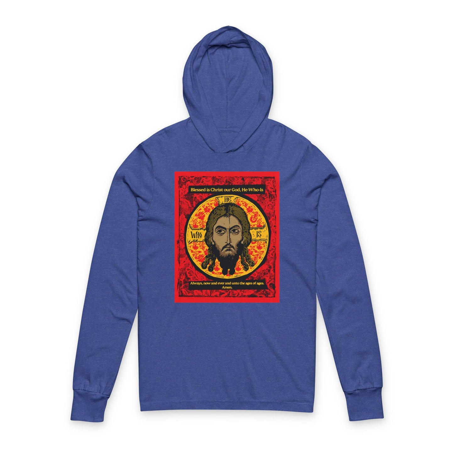 The Remembrance of Death “Made Without Hands” Orthodox Hooded Shirt features a graphic of Jesus Christ’s face within a golden halo, surrounded by red, black, and yellow patterns and hymn-inspired text in the style of an Orthodox icon.