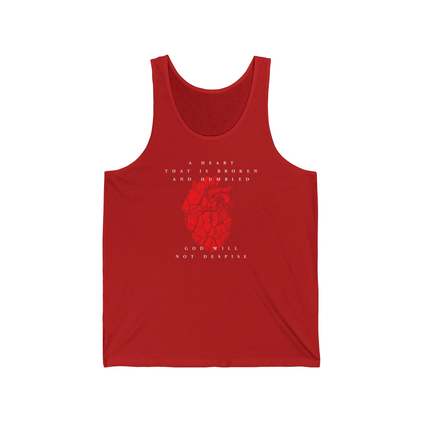 Red cotton tank top with a cracked heart and Orthodox cross graphic, featuring the phrase: "A heart that is broken and humbled God will not despise"—inspired by Psalm 51.