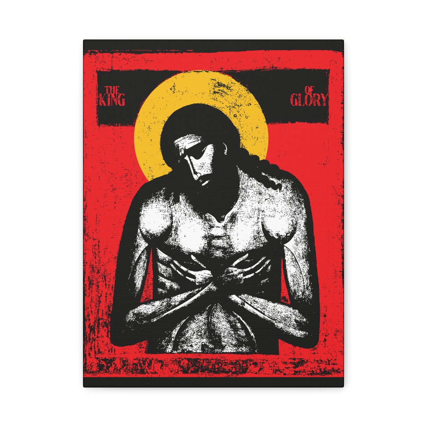 A stylized black and white Jesus Christ with a yellow halo on red, featuring "The King of Glory" text. Inspired by Isaiah 53. From the "Extreme Humility" IconoGraphic Christian Wall Art collection in red, yellow, white, and black.