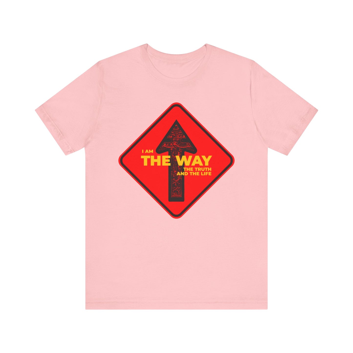 Pink unisex tee featuring a “One Way” arrow street sign and crucifix graphic with the phrase “I Am the Way, the Truth and the Life”—a bold Orthodox Christian statement in lightweight cotton.