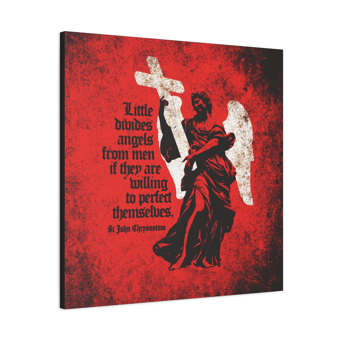 Little Divides Angels from Men—this Orthodox Christian canvas art features a textured cemetery angel and the quote "Be ye holy" by St. John Chrysostom, set against a bold red and black background.