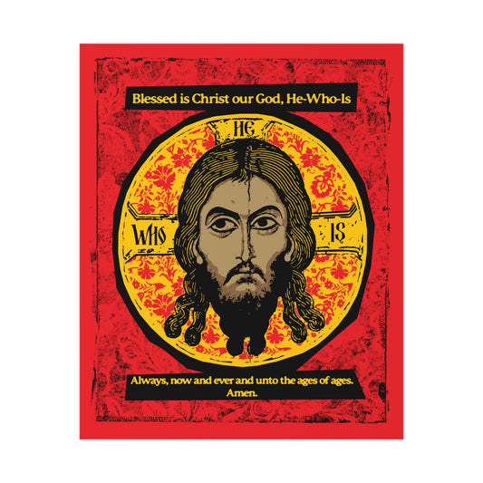 The "Made Without Hands (Mandylion/Image of Edessa)" poster features a graphic design of Jesus Christ’s face with religious text and a troparion on a red and yellow ornate background—Orthodox Christian icon art.