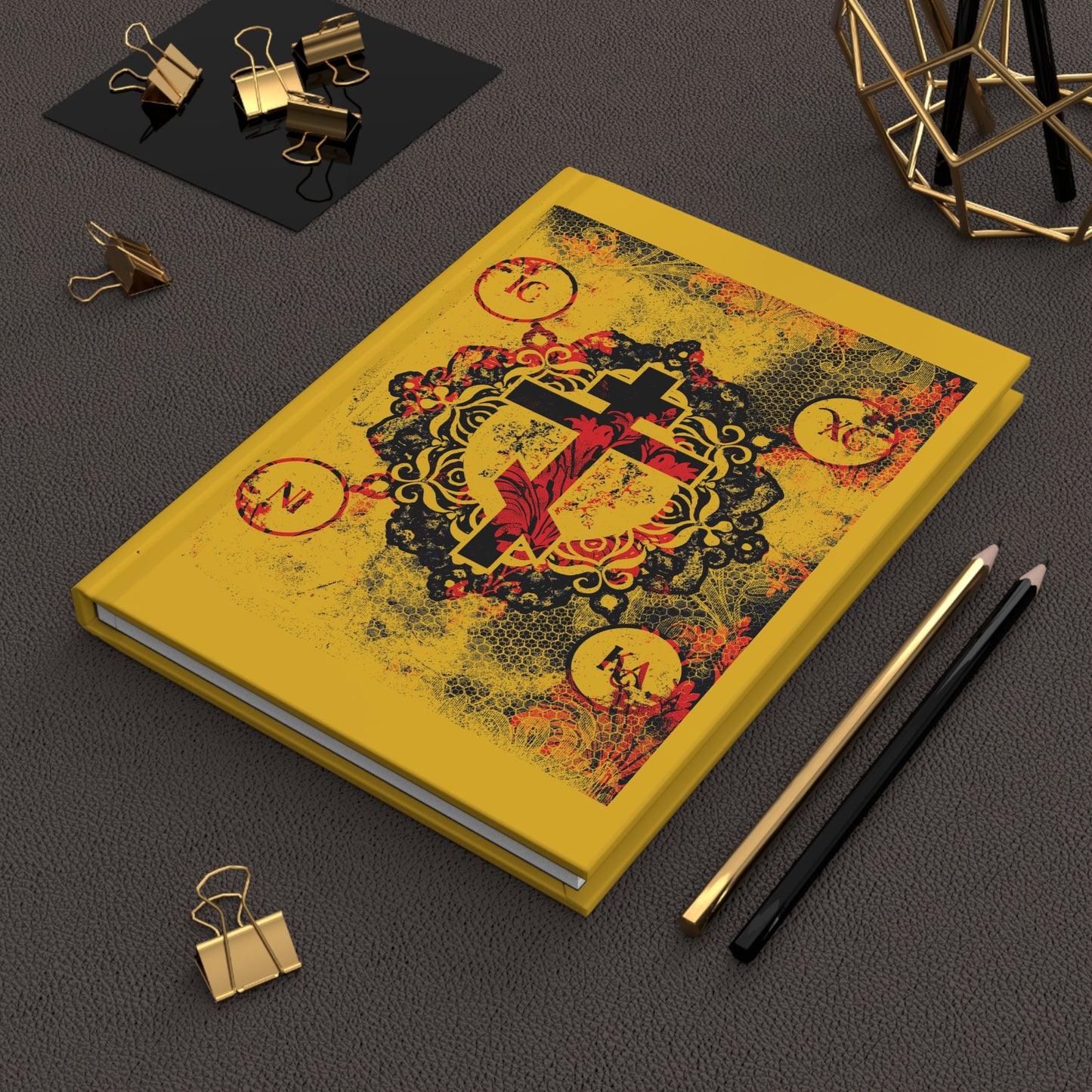 IC XC NIKA Orthodox Cross | Yellow & Red Modern & Medieval Textured Floral Design | Orthodox Christian Hardcover Journal