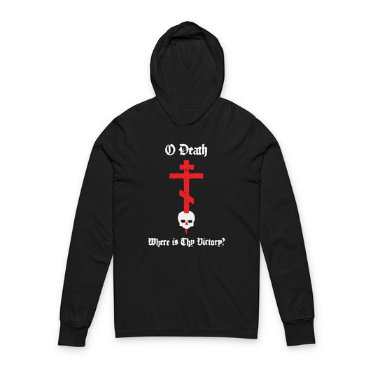 O Death Where is Thy Victory? 1 Cor 15:55 | Cross Stabbing Skull | Spraypaint Aesthetic | Orthodox Christian Long Sleeve Hooded Shirt