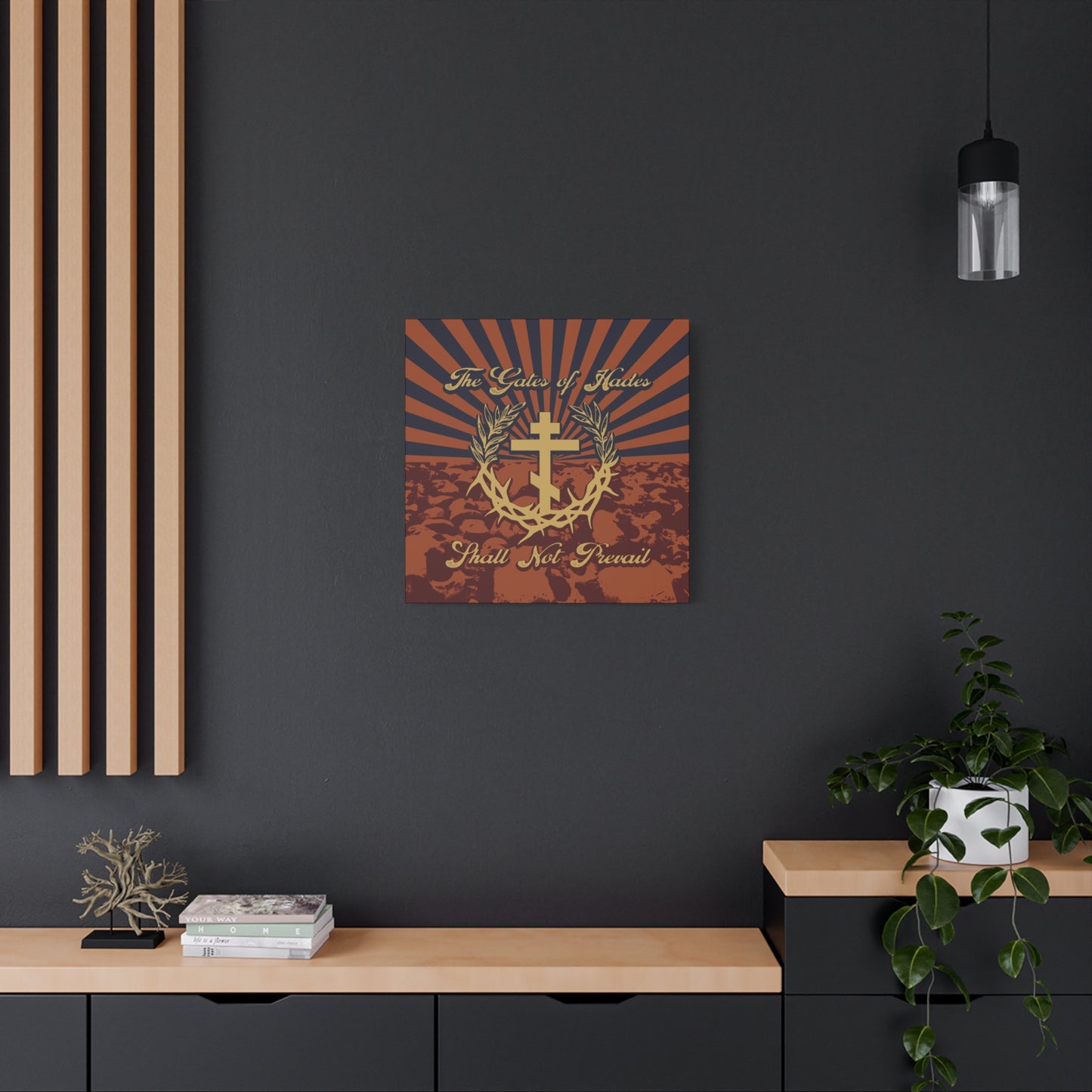 The Gates of Hades Shall Not Prevail | Cross with Wreath & Crown of Thorns | Skulls and Rays | Orthodox Christian Canvas Art