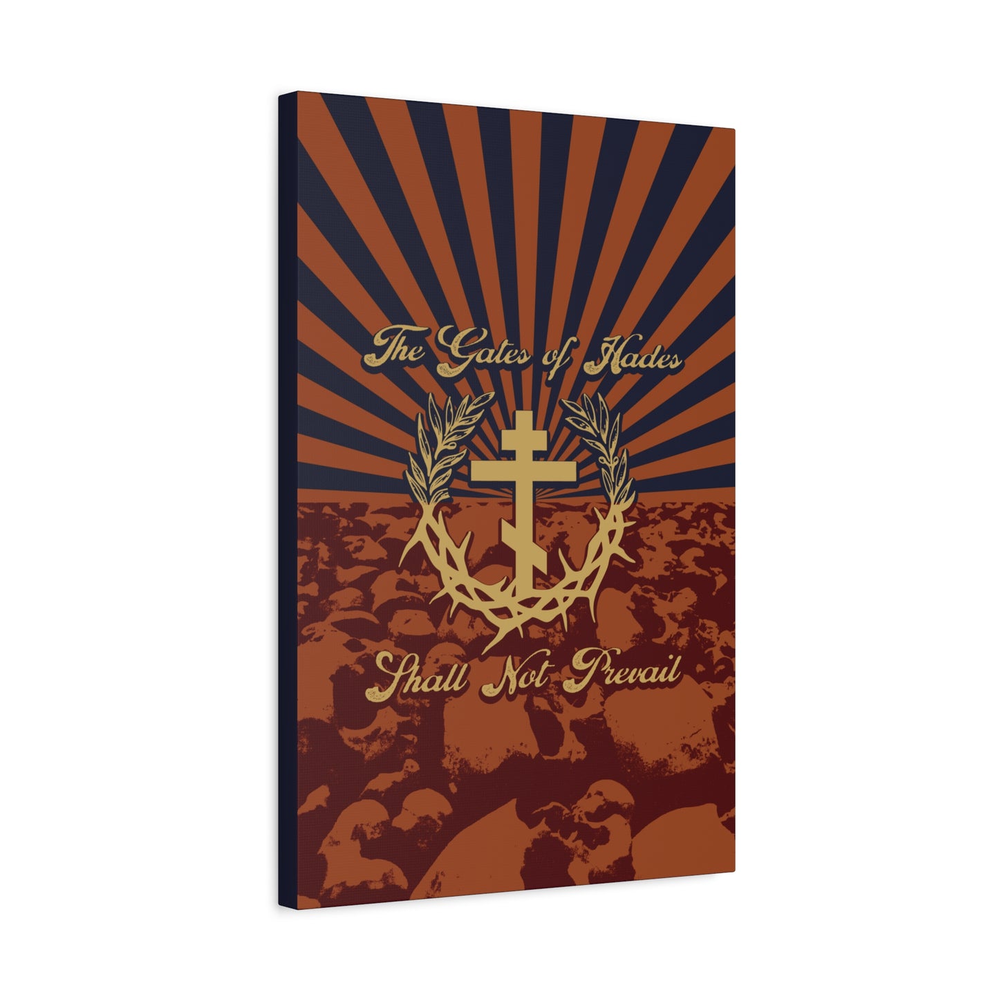 The Gates of Hades Shall Not Prevail | Cross with Wreath & Crown of Thorns | Skulls and Rays | Orthodox Christian Canvas Art