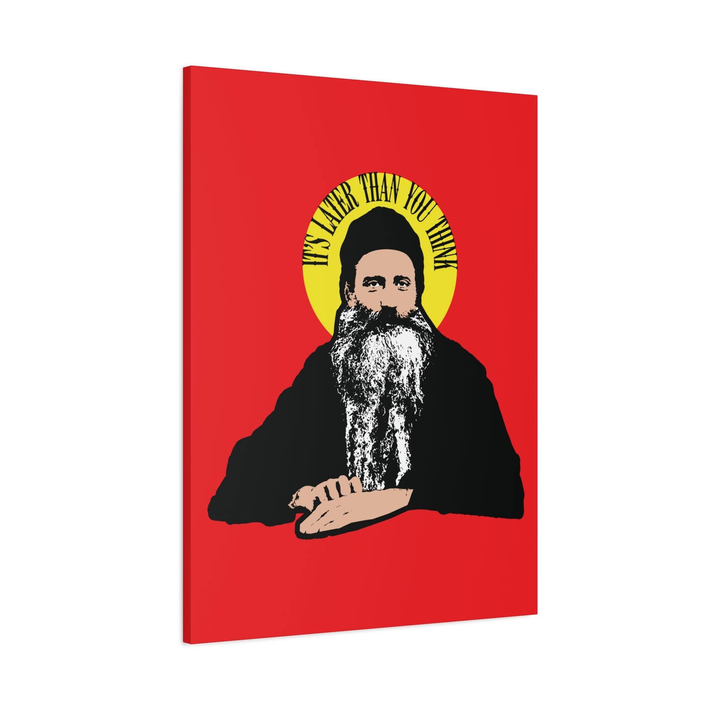 Modern Orthodox Christian wall art featuring “It’s Later Than You Think” and Fr. Seraphim Rose’s quote in a yellow halo, inspired by American saints. Ideal for reflection on death and the spiritual journey.