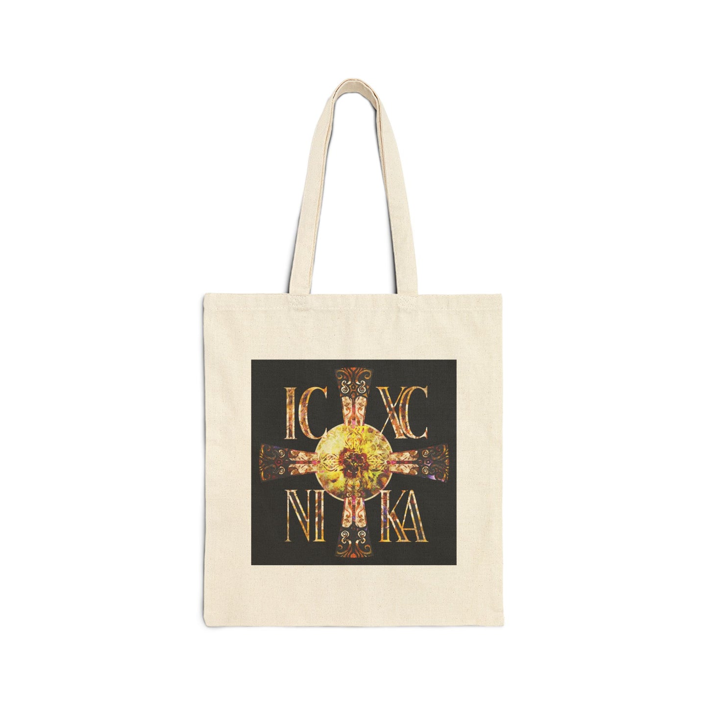 ICXC NIKA Celtic Style Equal Armed Cross | Bright Solar Texture | Orthodox Christian Tote Bag