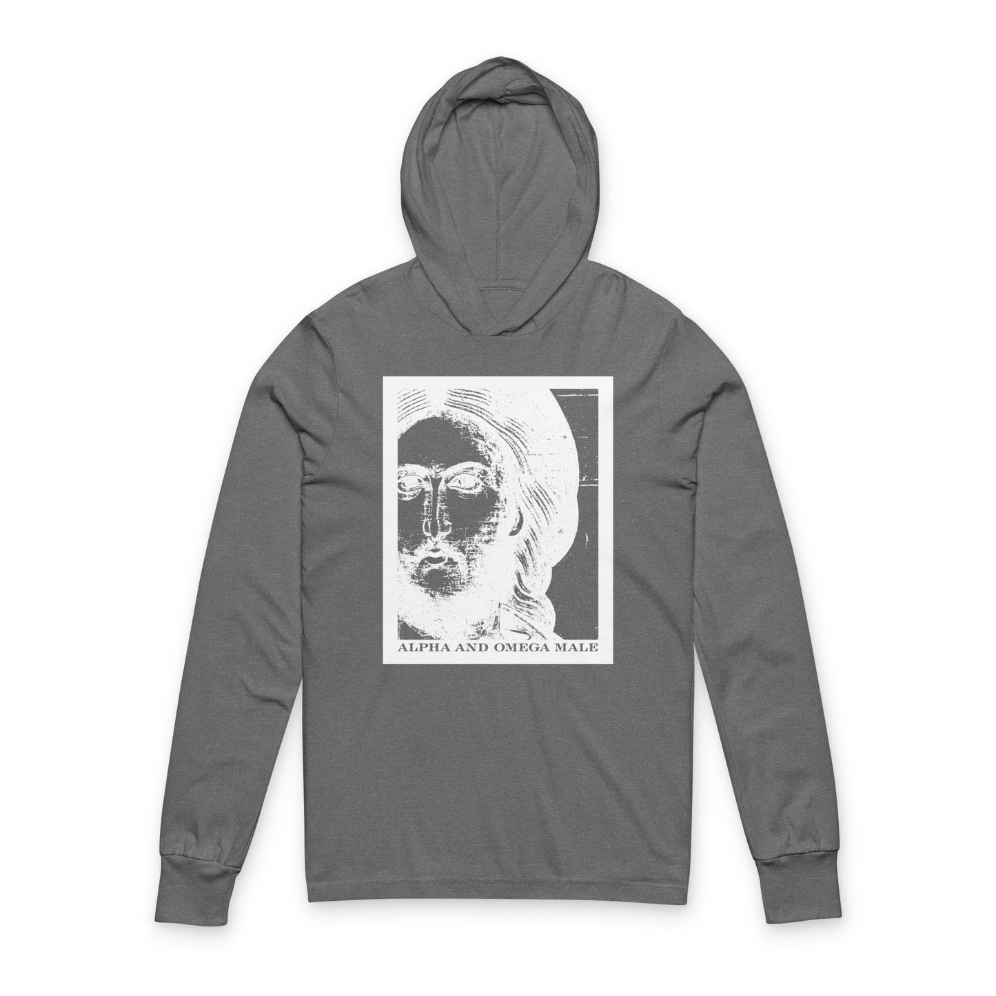 Grey TriBlend Alpha & Omega Male Christian Hooded Shirt featuring a white abstract face graphic and "I am the Beginning & the End (Rev 22)" design, inspired by the new heaven and new Jerusalem—symbolizing renewal and the water of life.