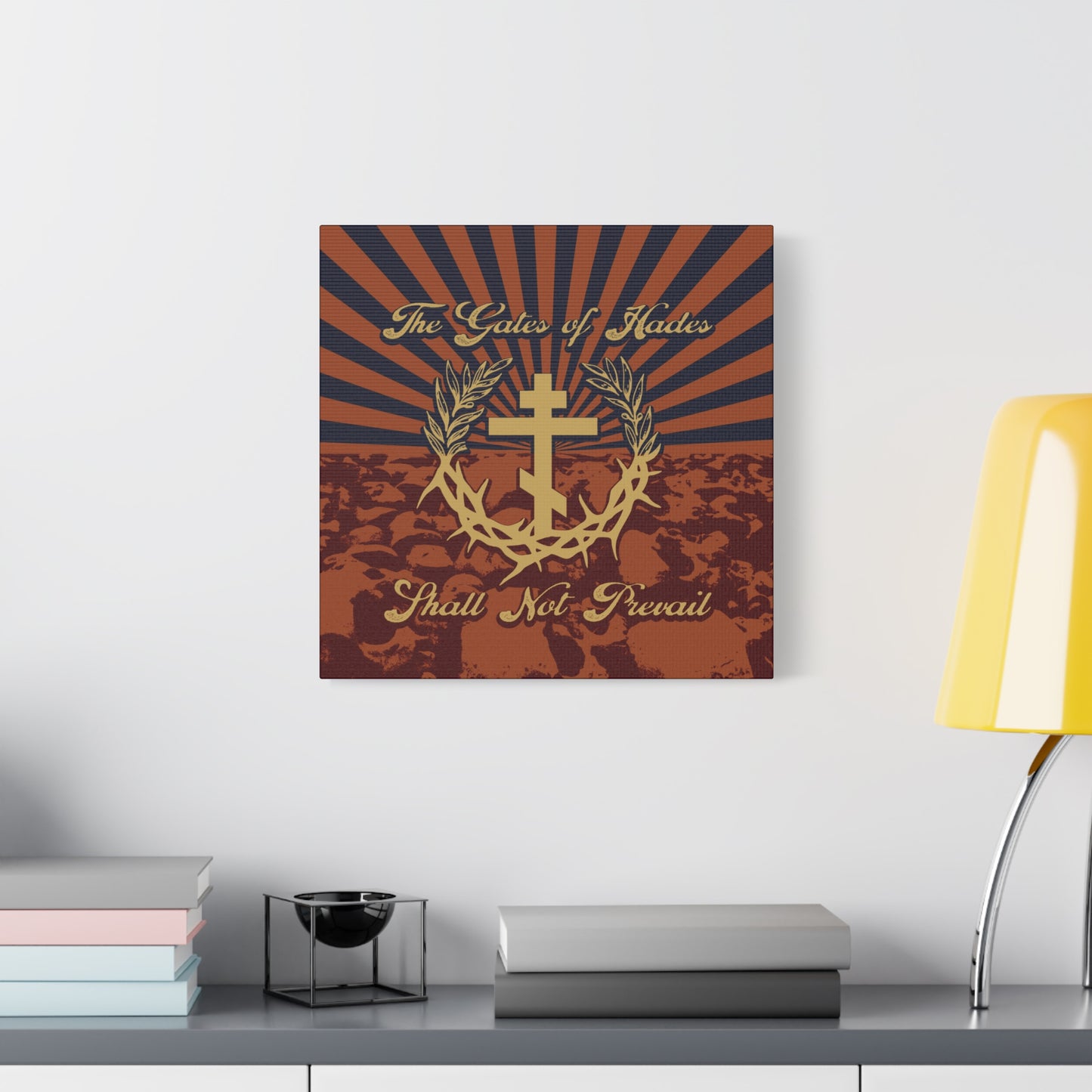 The Gates of Hades Shall Not Prevail | Cross with Wreath & Crown of Thorns | Skulls and Rays | Orthodox Christian Canvas Art