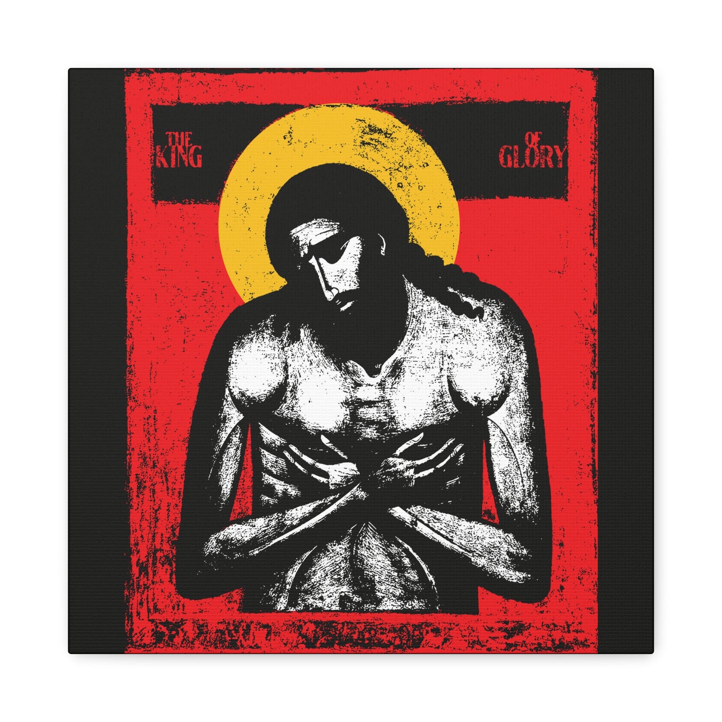 This "The King of Glory Jesus Christ 'Extreme Humility' IconoGraphic" features a stylized image with crossed arms, red background, gold halo, and devotional text, perfect as Christian wall art.