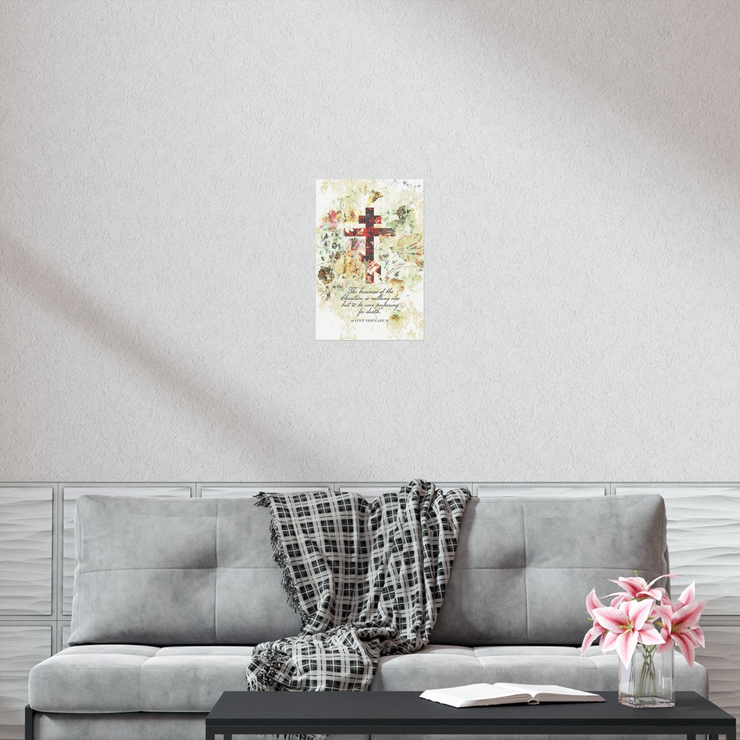 Preparing For Death | White & Beige Floral Scrapbook Texture Cross | Arts & Crafts Style | St Irenaeus | Orthodox Christian Art Poster