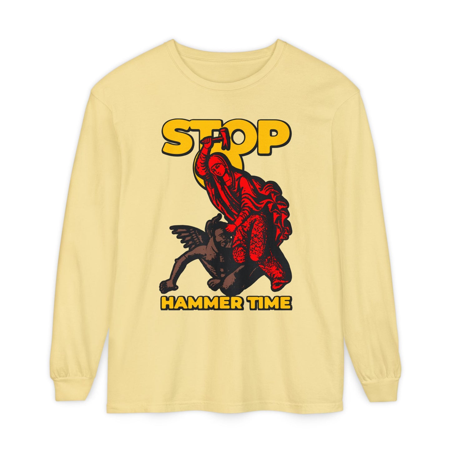 St Marina of Antioch Beating the Devil with a Hammer long-sleeve: "STOP HAMMER TIME" text with playful red, blue & yellow modern Orthodox meme design inspired by the bold legends of the saints.