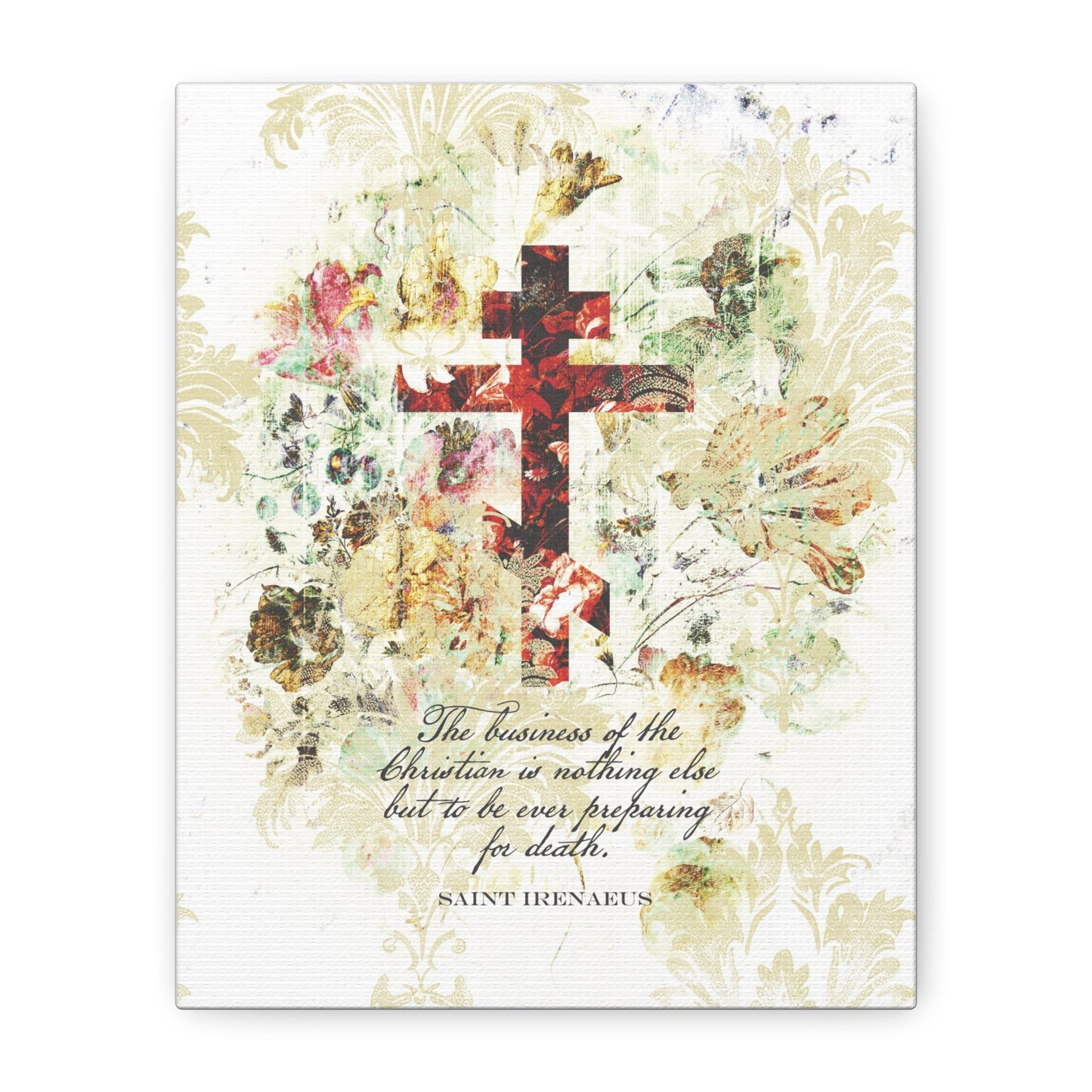 Preparing For Death | White & Beige Floral Scrapbook Texture Cross | Arts & Crafts Style | St Irenaeus | Orthodox Christian Canvas Art