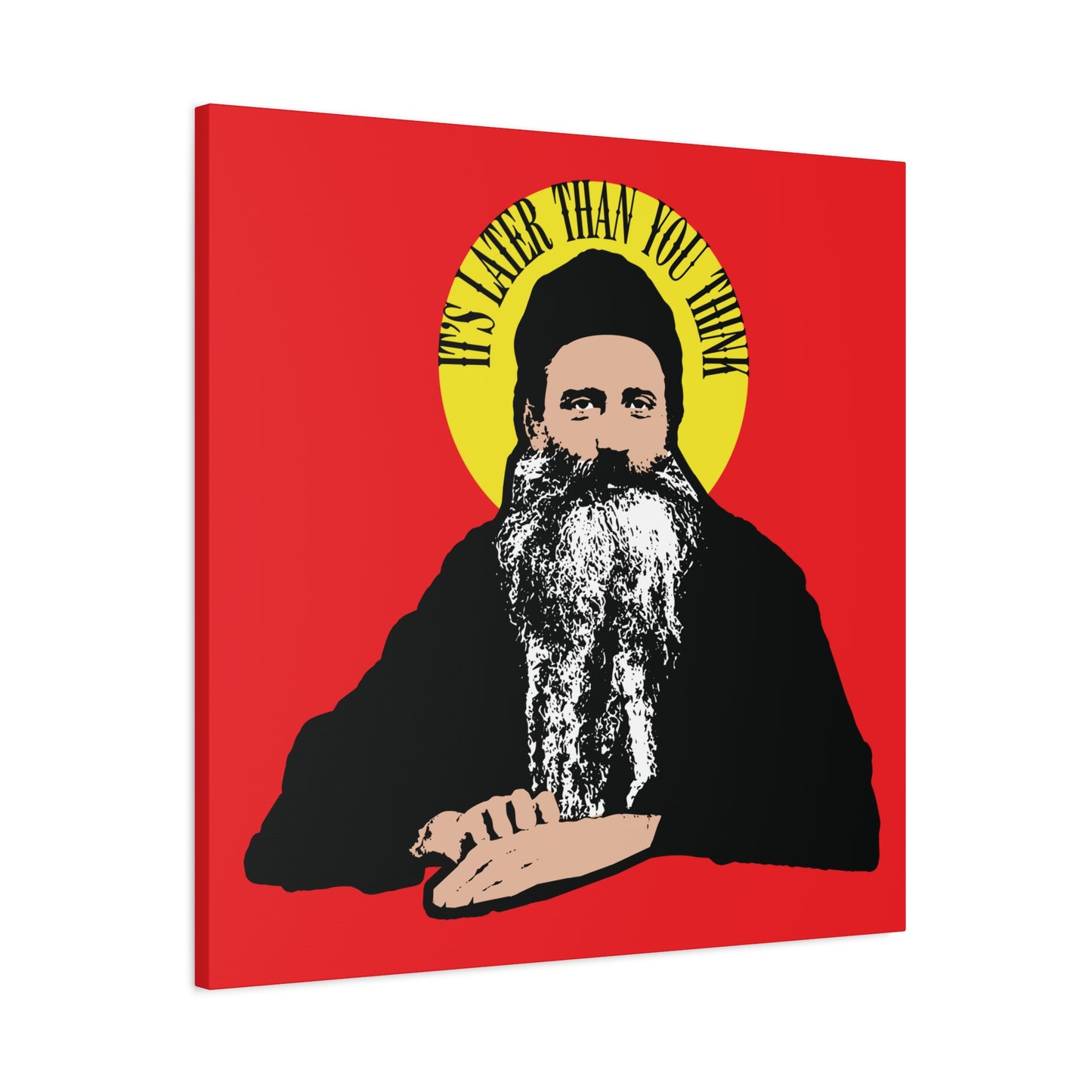 It's Later Than You Think" wall art features Fr Seraphim Rose with a yellow halo and modern Orthodox Christian design—highlighting themes of mortality and the afterlife.