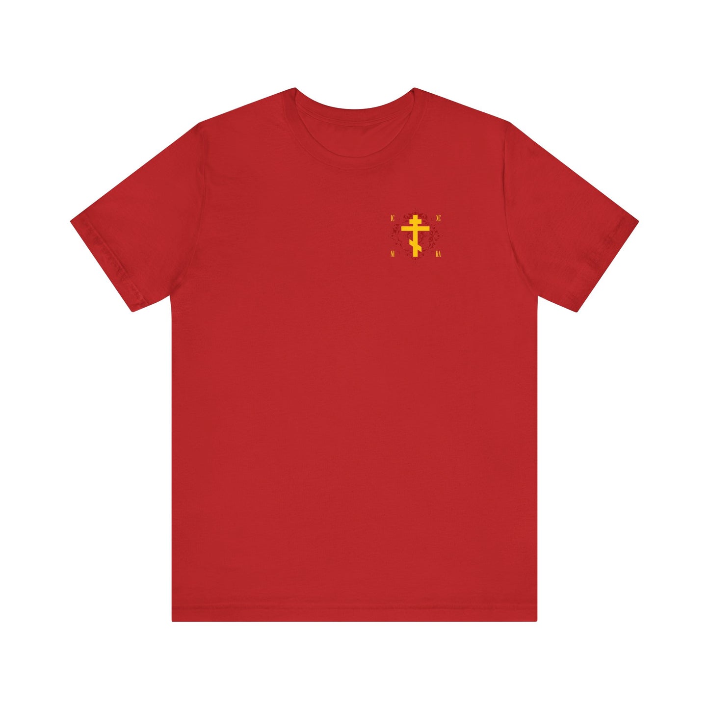 Red unisex lightweight cotton tee featuring the ICXC NIKA yellow Orthodox cross on an ornate red background, inspired by St Kosmas Aitolos and the grace of sonship. "Christ Conquers" design in Cyrillic on the left chest area.