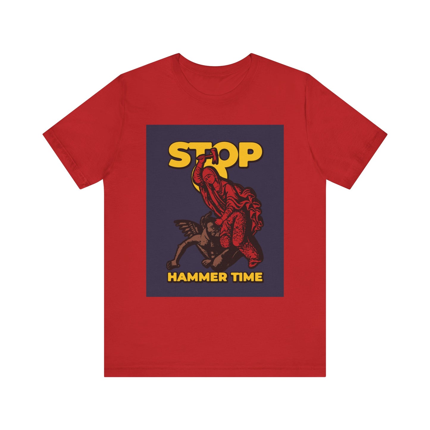 Sure! Here is a rewritten version of your sentence using the provided product data: This red lightweight cotton unisex t-shirt features a bold graphic inspired by Saint Marina of Antioch beating the devil with a hammer, along with the playful text “STOP, HAMMER TIME” in yellow—an Orthodox meme design that’s as striking and memorable as the legendary saint herself.