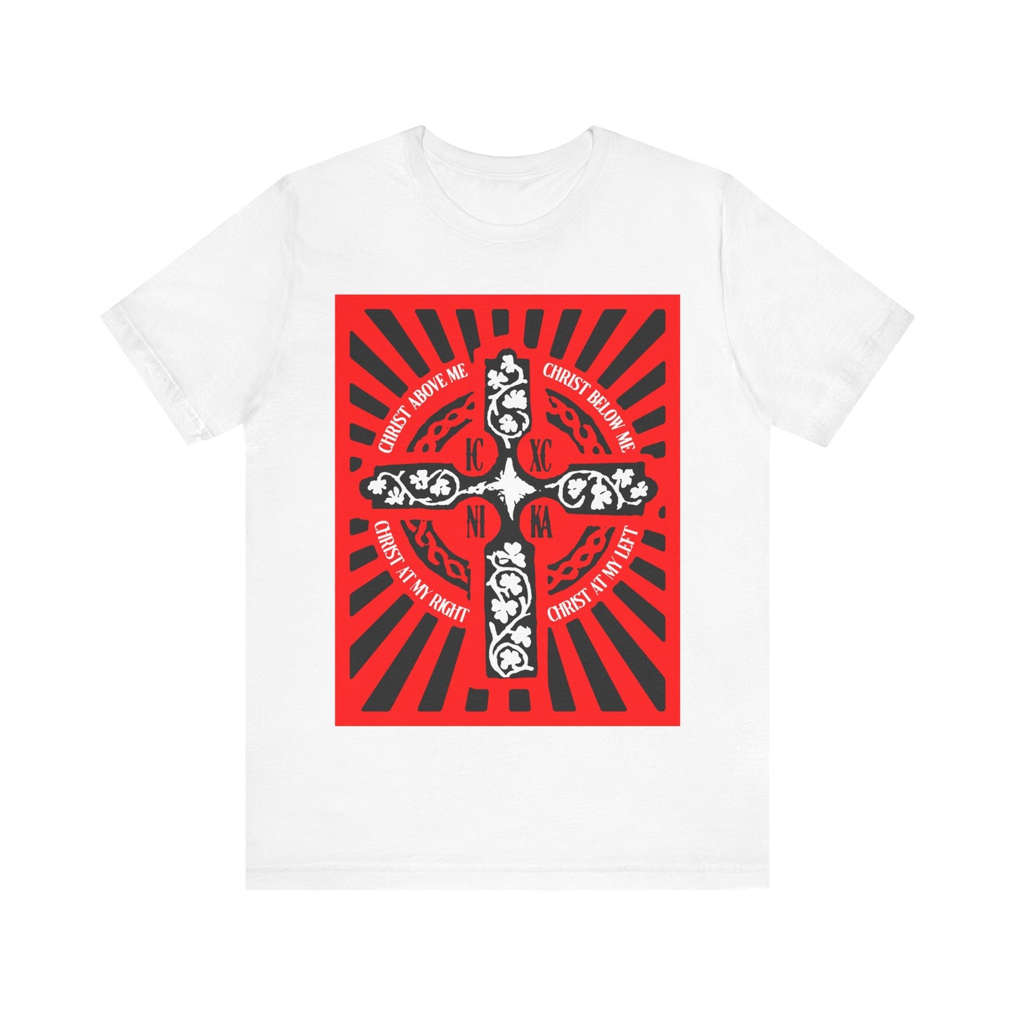 Red ICXC NIKA Enniskillen Celtic Cross | Lorica of St. Patrick | Shield Prayer | Orthodox Christian Cotton T-Shirt