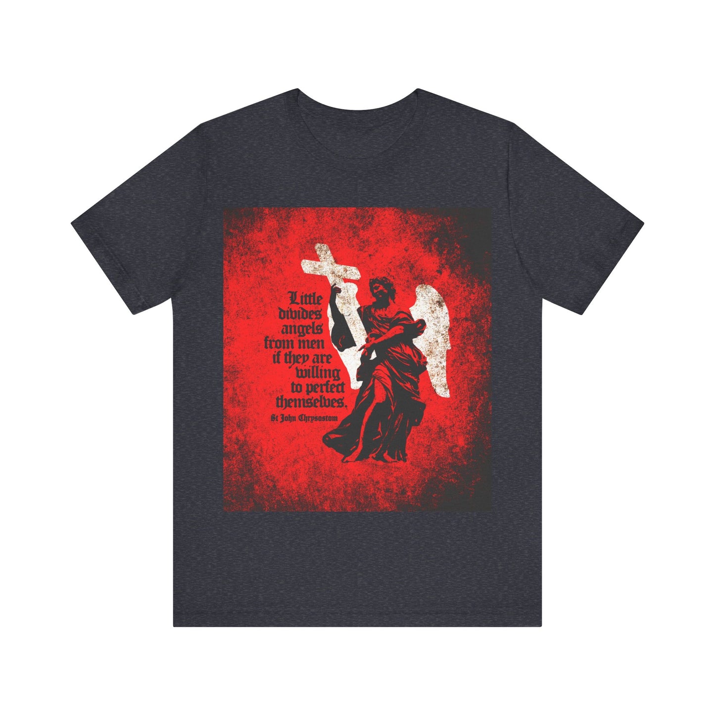 Heather Navy T-shirt featuring a red square, textured cemetery angel holding a cross, and St John Chrysostom’s quote "Little Divides Angels from Men" in Gothic text—a striking tribute to Orthodox Christian faith and holiness.