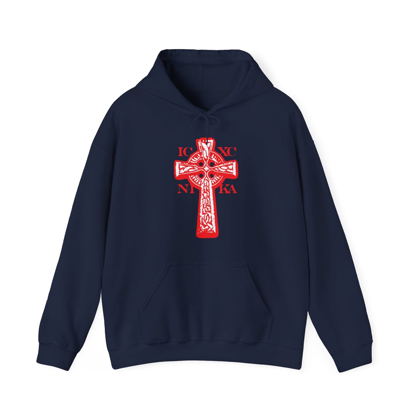 Navy hoodie featuring the ICXC NIKA Celtic Knotwork Cross in black and white on a red background, with "Jesus Christ Conquers" and Orthodox Christian symbolism on the front.