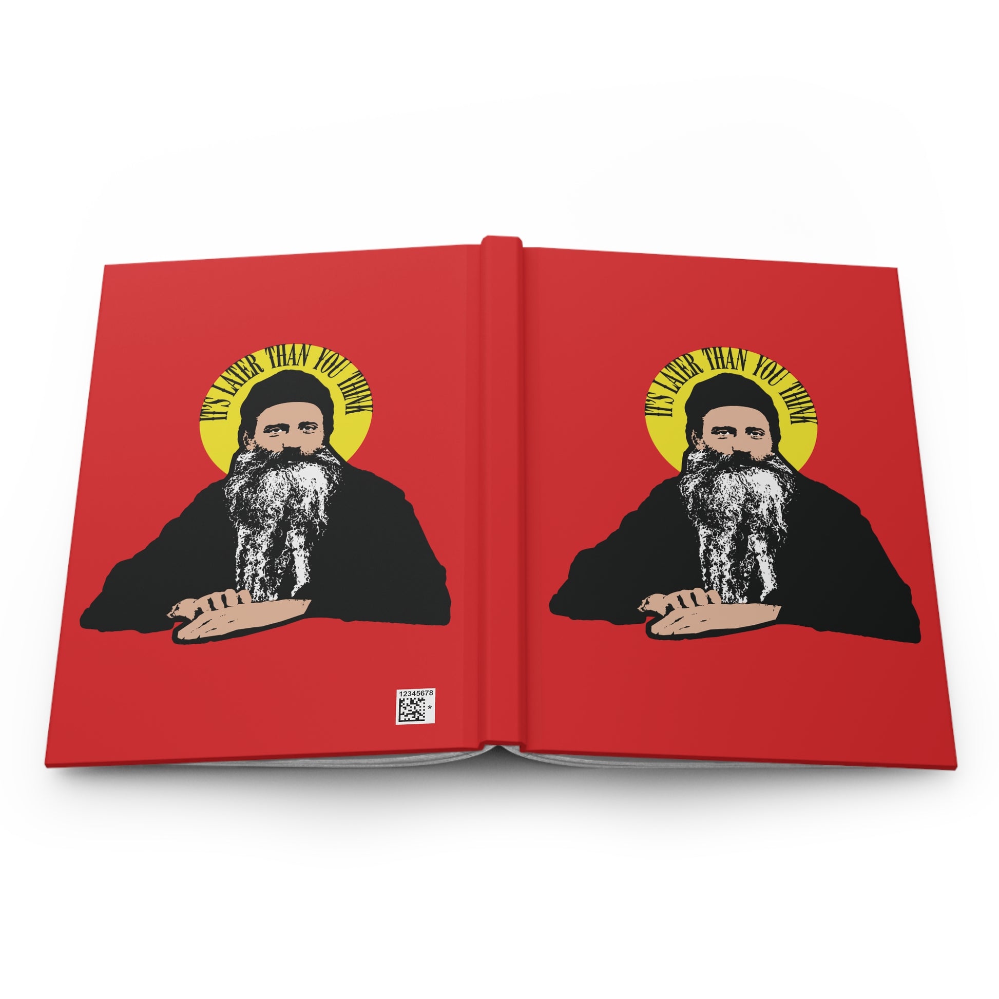 Illustration of Fr Seraphim Rose with a yellow halo and "It's Later Than You Think" text on a red cover—Modern American Orthodox Christian Saint notebook exploring life after death.