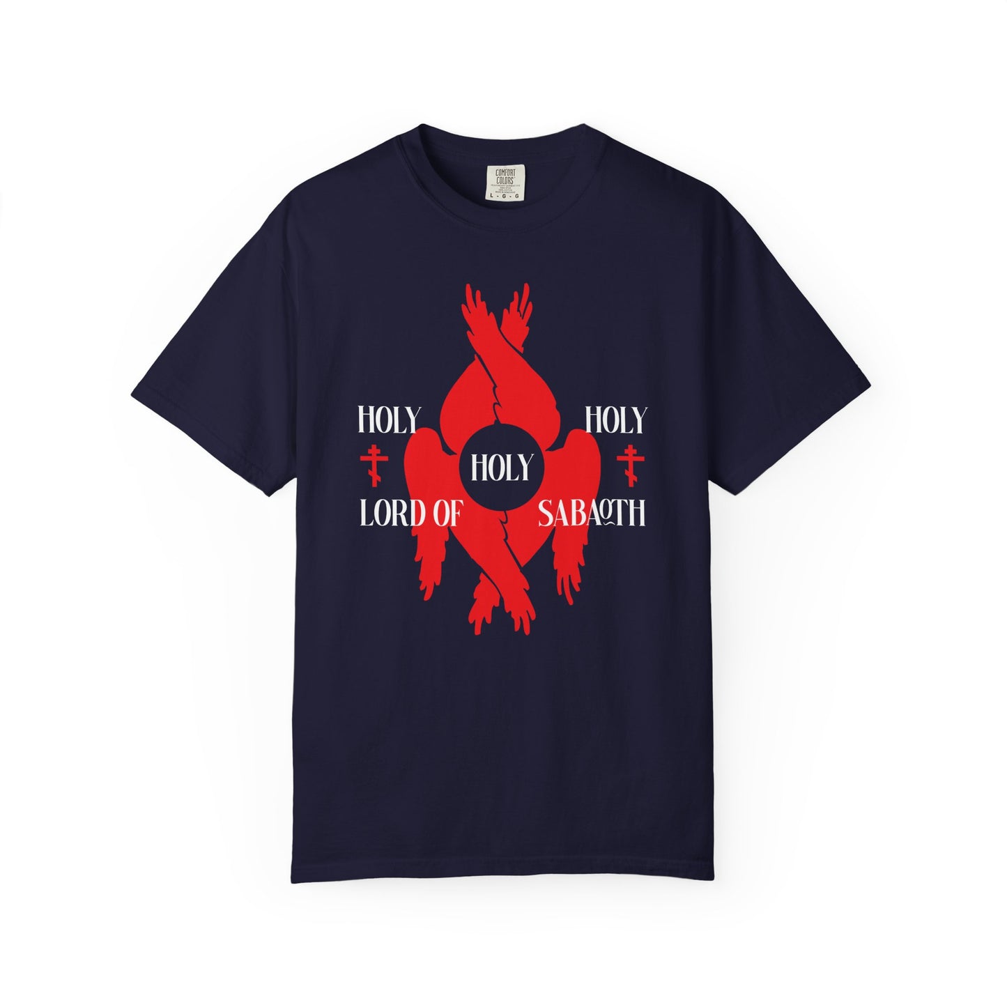 True Navy unisex tee featuring red seraphim wings, Orthodox crosses, and "HOLY HOLY HOLY LORD OF SABAOTH" from Isaiah 6:3, inspired by the Liturgy of St John Chrysostom. Heavyweight cotton for comfort and style.