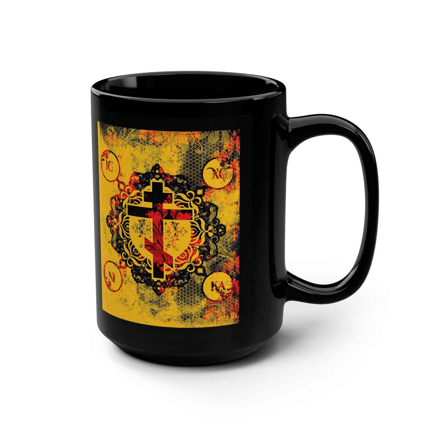 IC XC NIKA Orthodox Cross | Yellow & Red Modern & Medieval Textured Floral Design | Orthodox Christian Black Mug