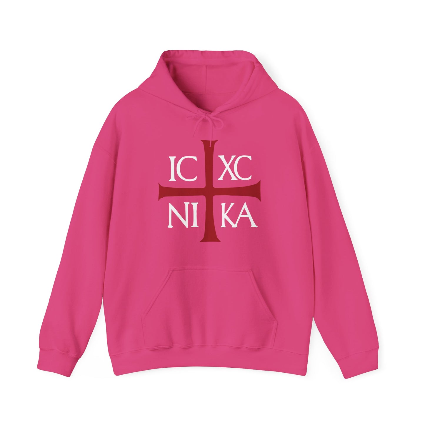 Heliconia hoodie featuring a red cross and white ICXC NIKA (Jesus Christ Conquers) in ancient Byzantine style—Orthodox Christian cotton/poly blend, inspired by Romans 8:31-39 and Christ’s unstoppable love.