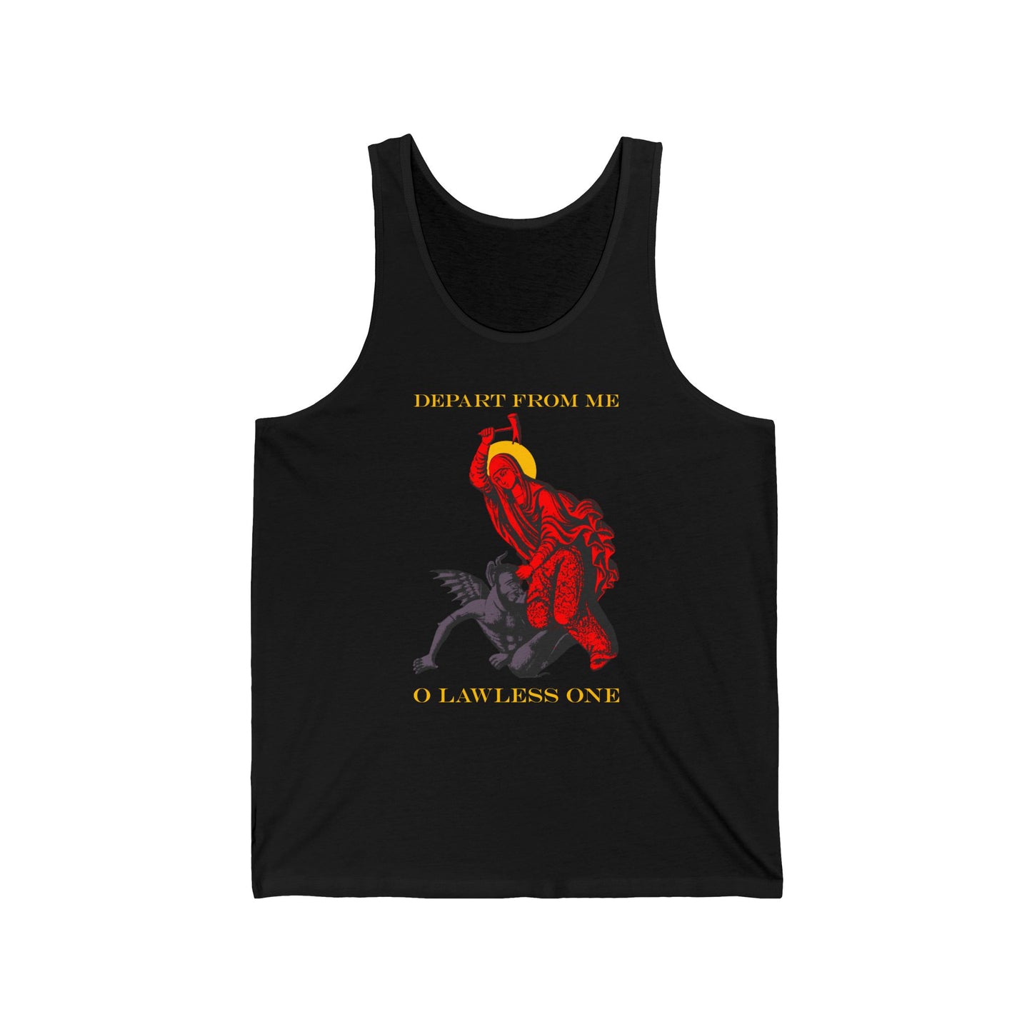St Marina IconoGraphic (Depart from Me O Lawless One) | Saint Beating the Devil with a Hammer | Bestselling Orthodox Christian Jersey Tank Top / Sleeveless Shirt