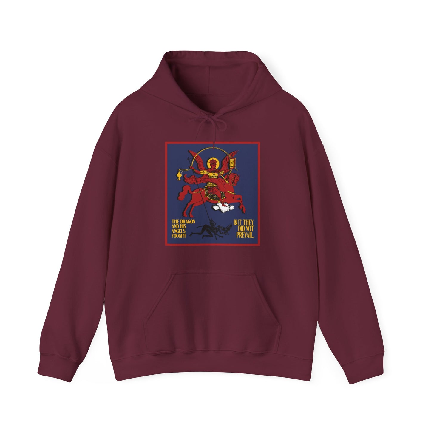Archangel Michael of the Apocalypse IconoGraphic (Revelation 12:7-8) | Red Angel and Horse on Blue Background | Orthodox Christian Hoodie