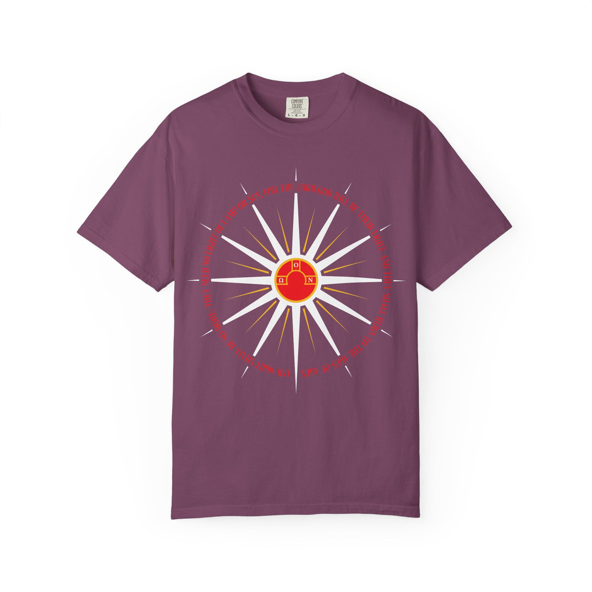 Berry-colored heavyweight cotton t-shirt featuring a white compass design with a red house symbol at the center, inspired by the concept of an imperishable homeland and reminiscent of the holy city sought by the sons of God; from the “And Night Shall Be No More (Rev. 22:5) | Blazing Sun Rays | Second Coming | Apocalyptic | Orthodox Christian” collection.