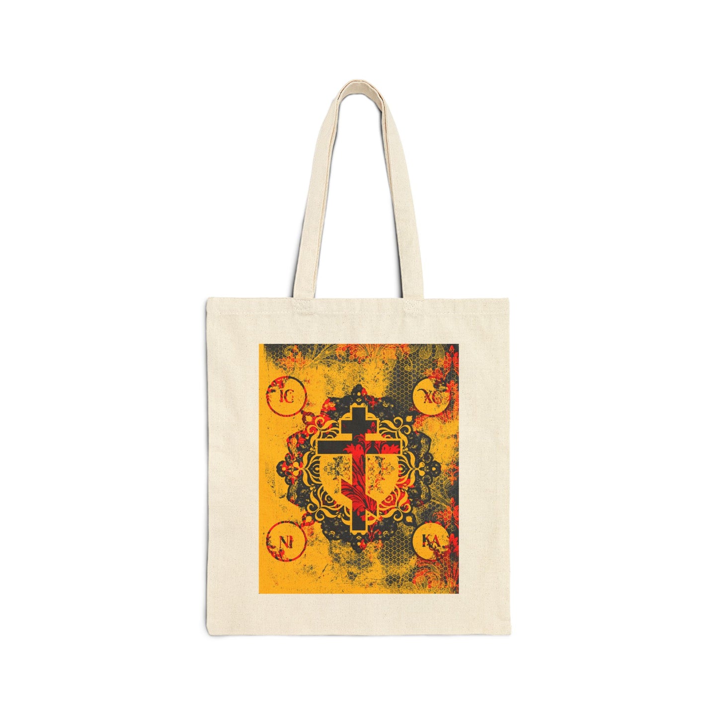 IC XC NIKA Orthodox Cross | Yellow & Red Modern & Medieval Textured Floral Design | Orthodox Christian Tote Bag